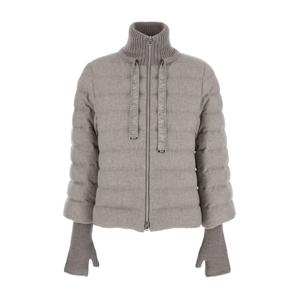Herno Women's Grey Quilted High Neck Jacket With Integrated Gloves