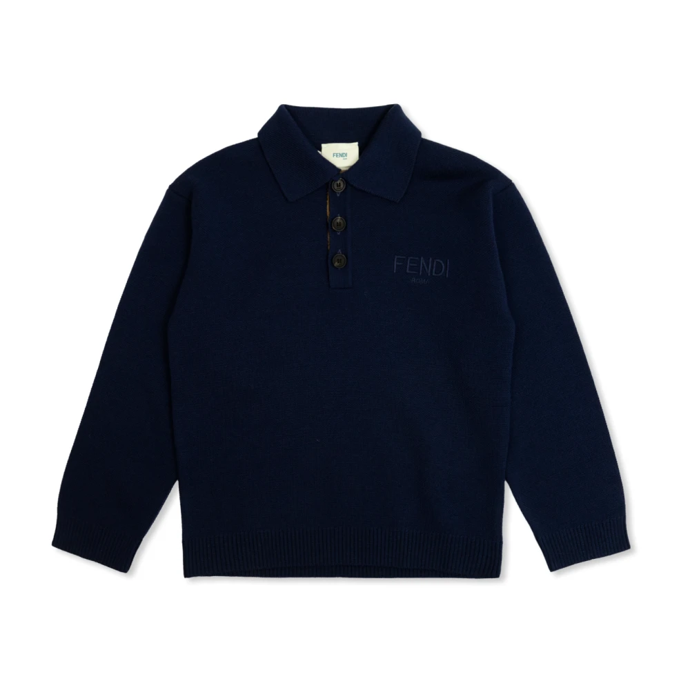 Fendi Unisex Kids Blue Kids Short Sleeve T-Shirts, 10 Y, Wool Polo Shirt With Long Sleeves