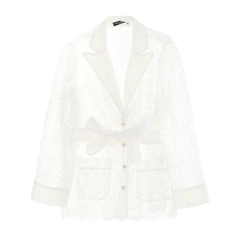 Dolce & Gabbana Pajama Shirt van Cordonnetkant met Zelfbindende Riem White Dames