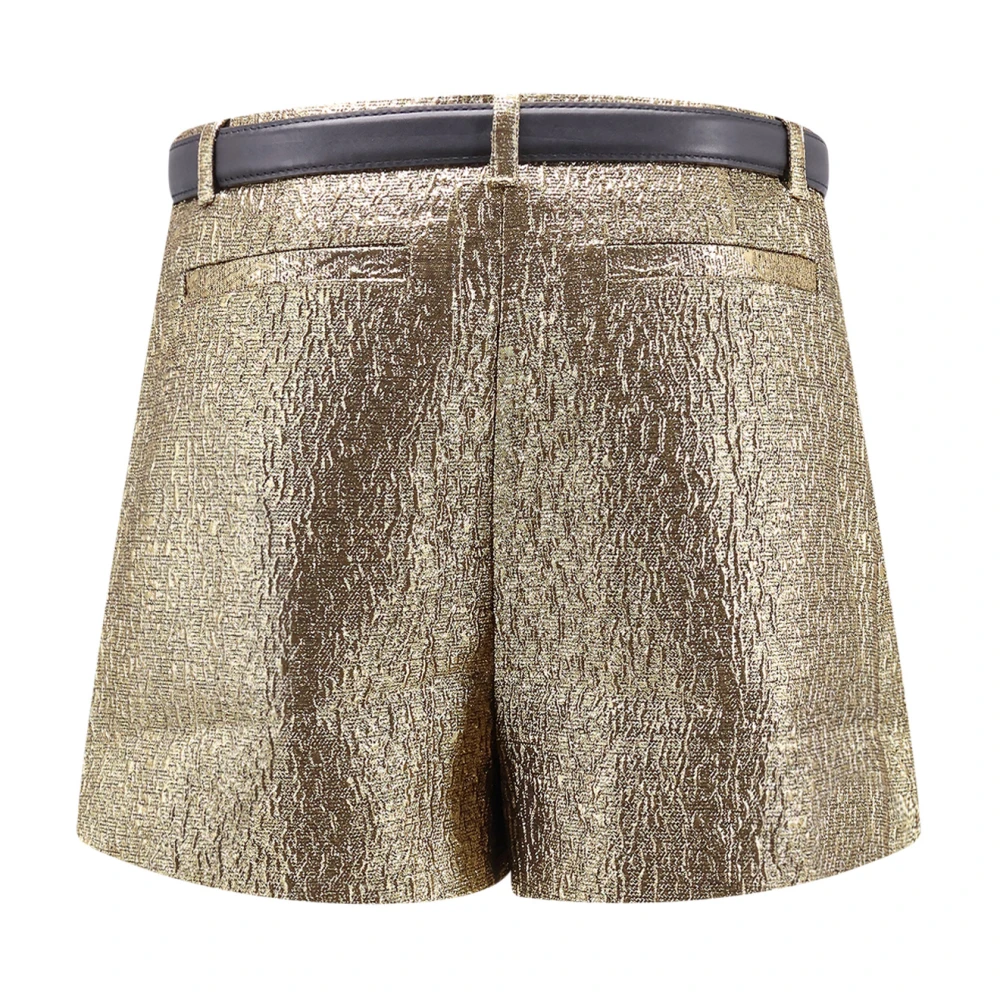 Self Portrait Metallic Gouden Stof Shorts met Leren Riem Yellow Dames
