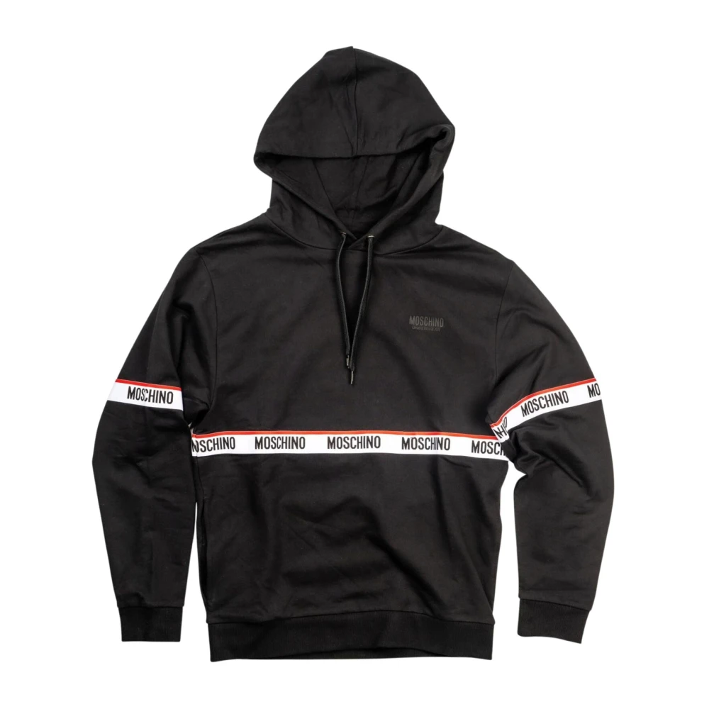 Moschino Men's Black Hoodies, Xl, Logo Banda All Over Cotton Fleece Hoodie