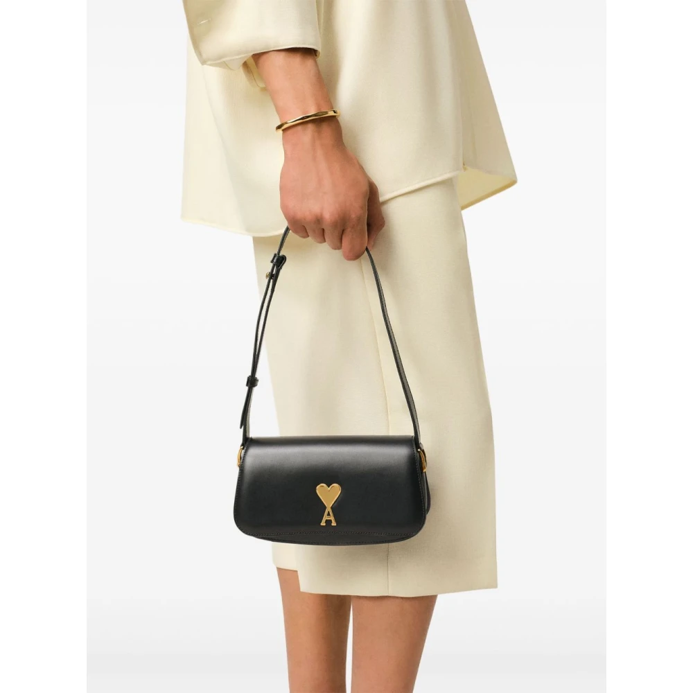 Ami Paris Zwarte Leren Schoudertas met Gouden Hardware Black Dames