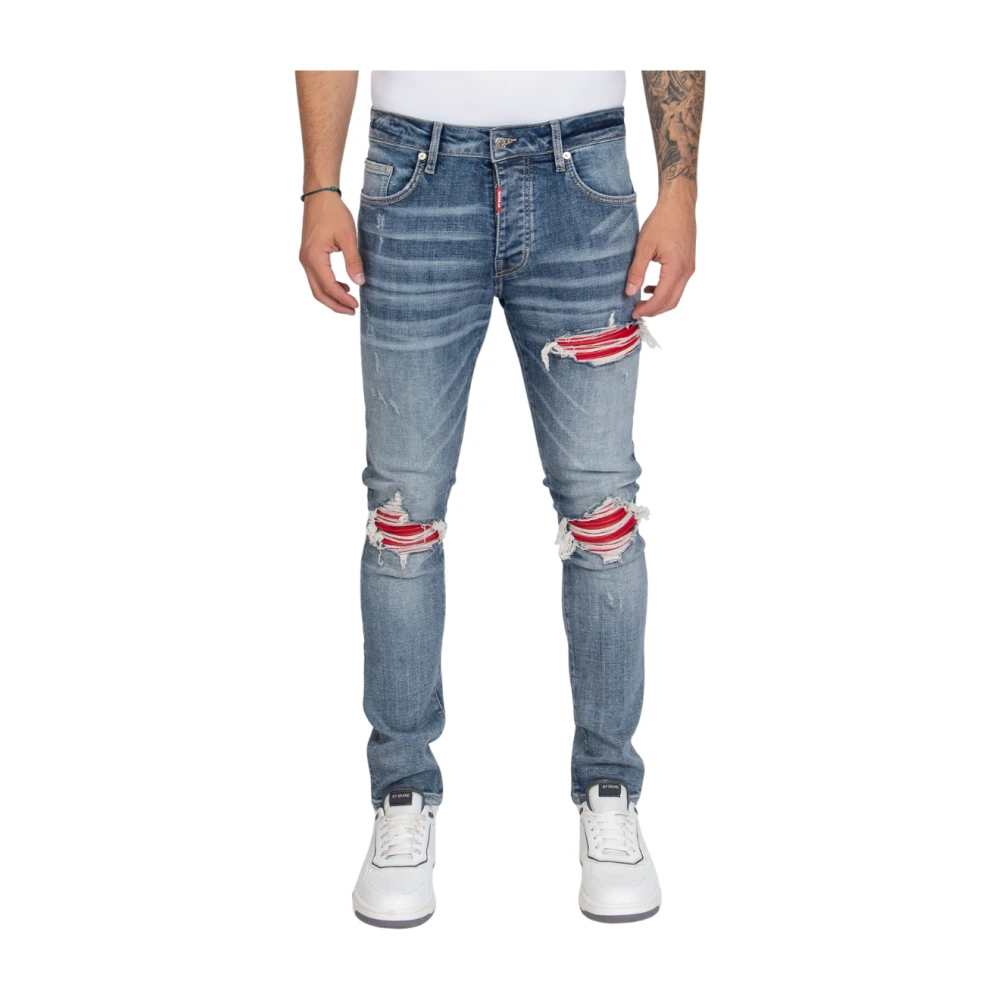 My Brand Rode Ripped Biker Jeans Rood Label Blue Heren