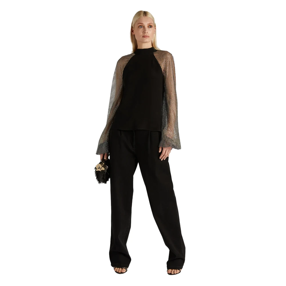 Genny Elegante top met wijde mouwen van mesh met strass Black Dames