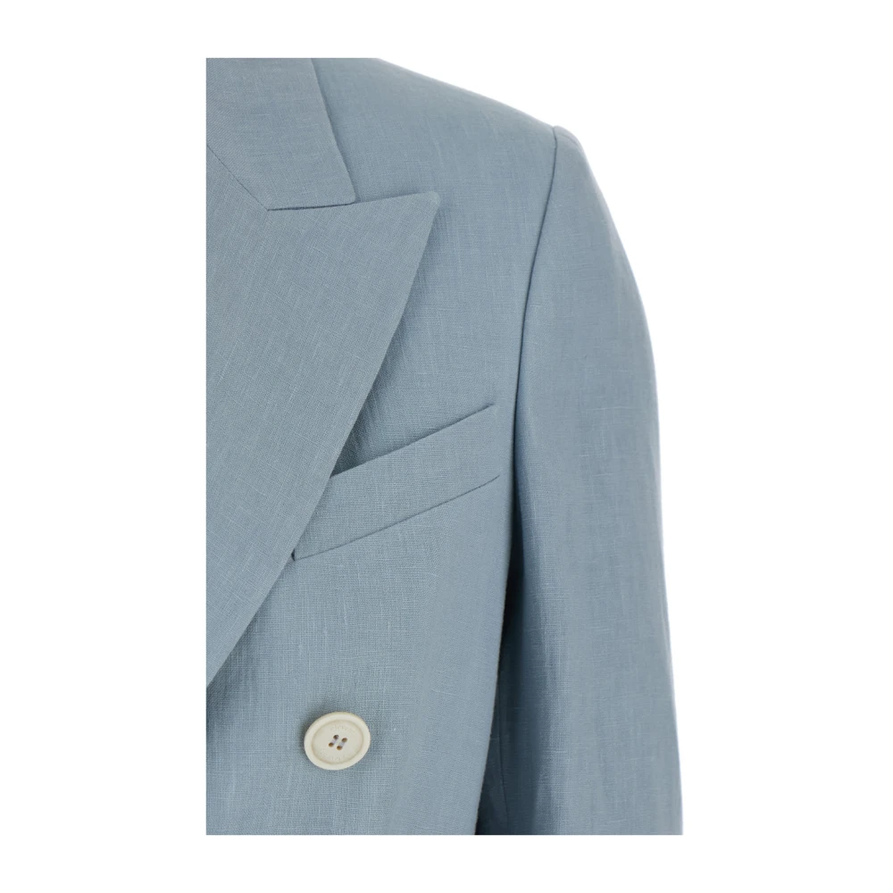 Eleventy Blauwe Linnen Dubbel-Borst Peak Revers Jas Blue Dames