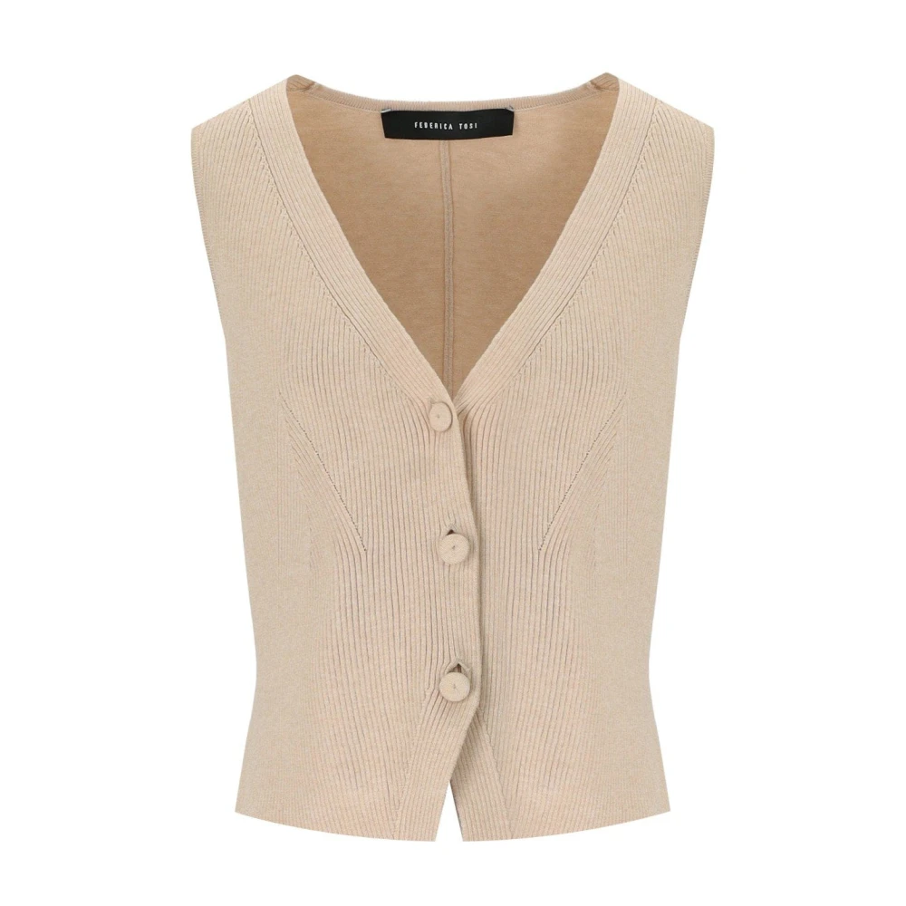 Federica Tosi Women's Beige Ecru Knitted Vest With Bow - Waistcoats - S - Jackets