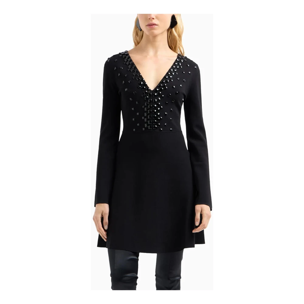 Emporio Armani Zwarte V-hals jurk met stenen versiering Black Dames