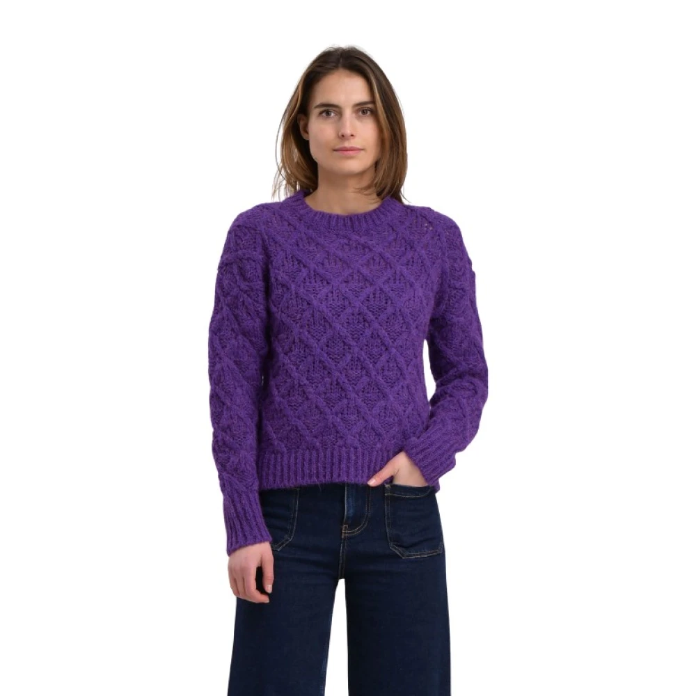 La Fée Maraboutée Paarse ronde hals trui met fantasiebreisel Purple Dames