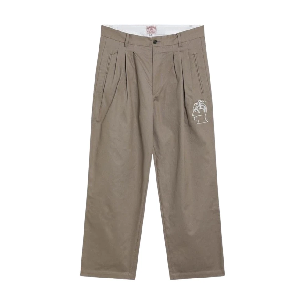 Brain Dead Beige Straight Trousers, Male, W32, Pleated Relaxed Fit Chino Trousers