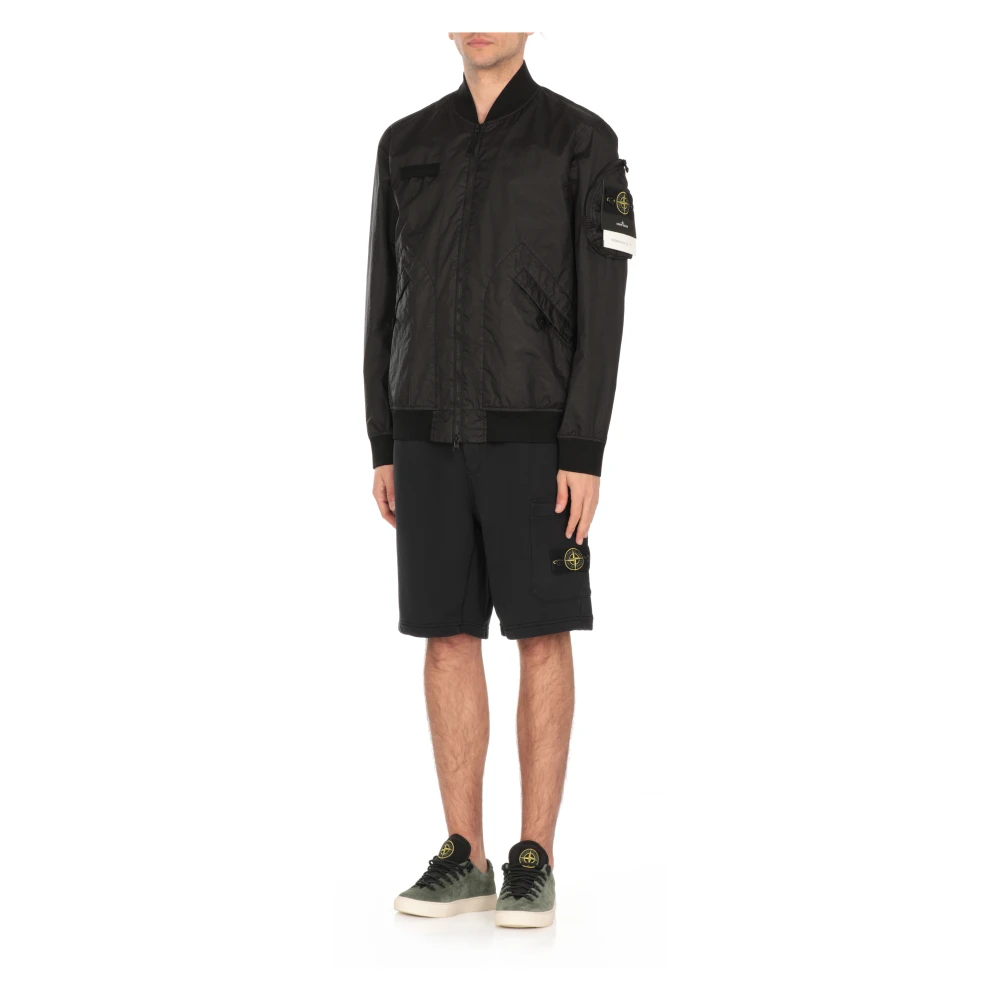 Stone Island Zwarte Bomberjack Crewneck Ritszakken Black Heren