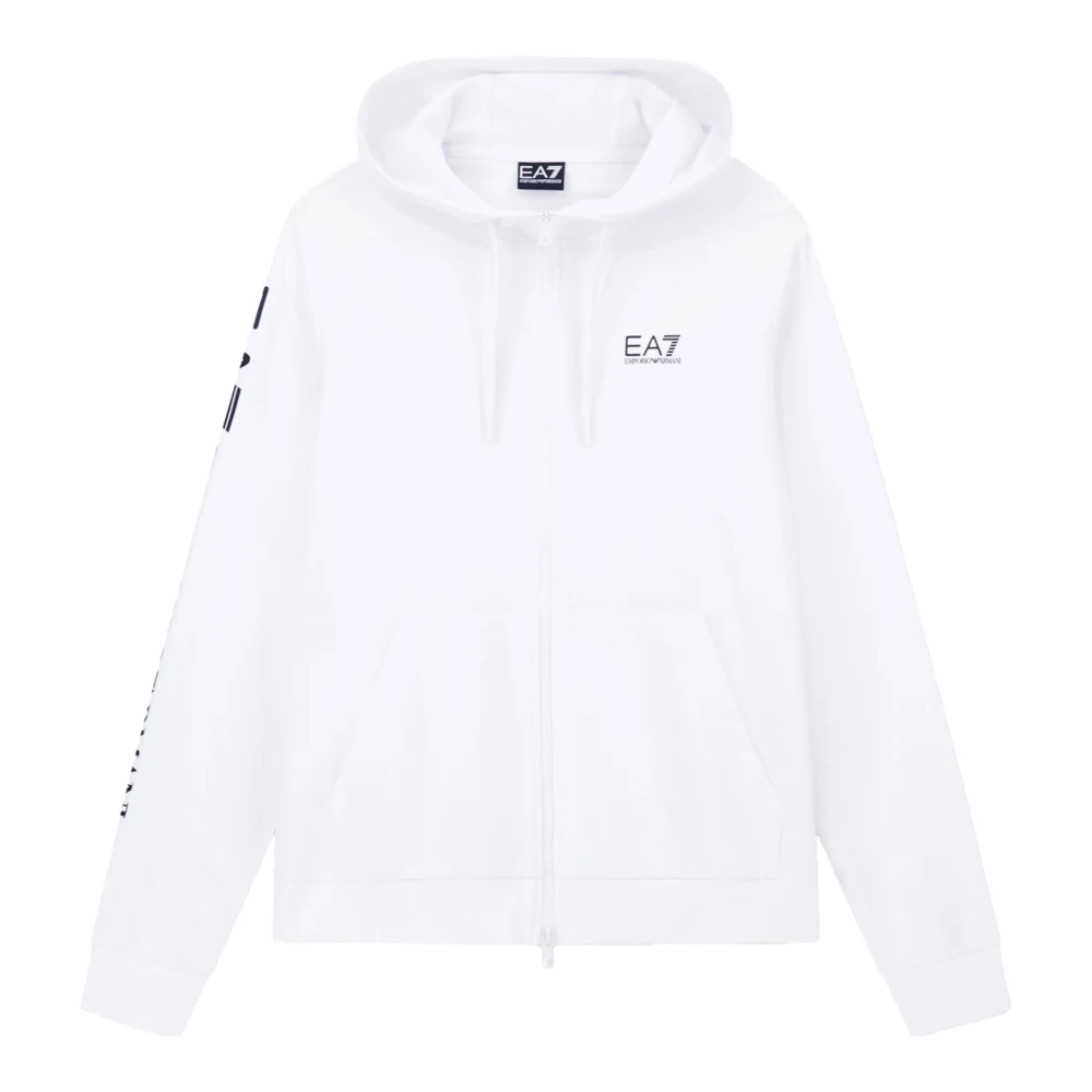Emporio Armani Ea7 White Zip-Throughs, Male, L, Logo Series Hooded Zip Sweatshirt