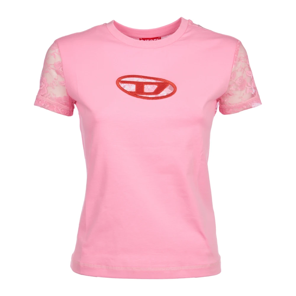 Diesel T-shirt met bloemenkant en logo Pink Dames