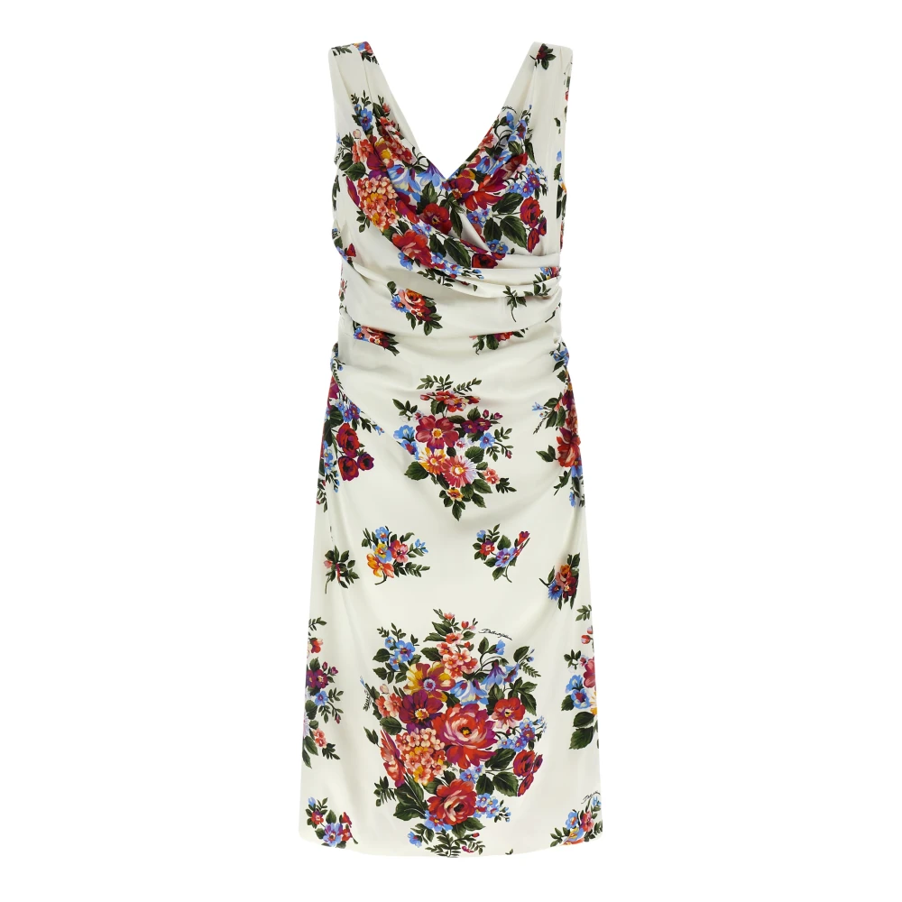 Dolce & Gabbana Women's White Satin Dress With Mazzo Di Fiori Print - Midi Dresses - Xl - Dresses