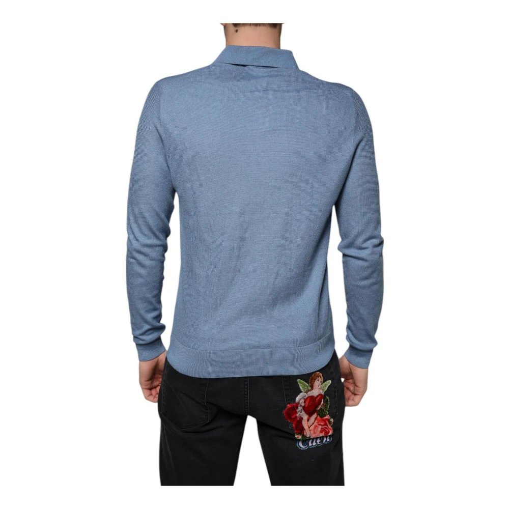 Dolce & Gabbana Hemelsblauwe Zijden Kraag Pullover Sweater Blue Heren