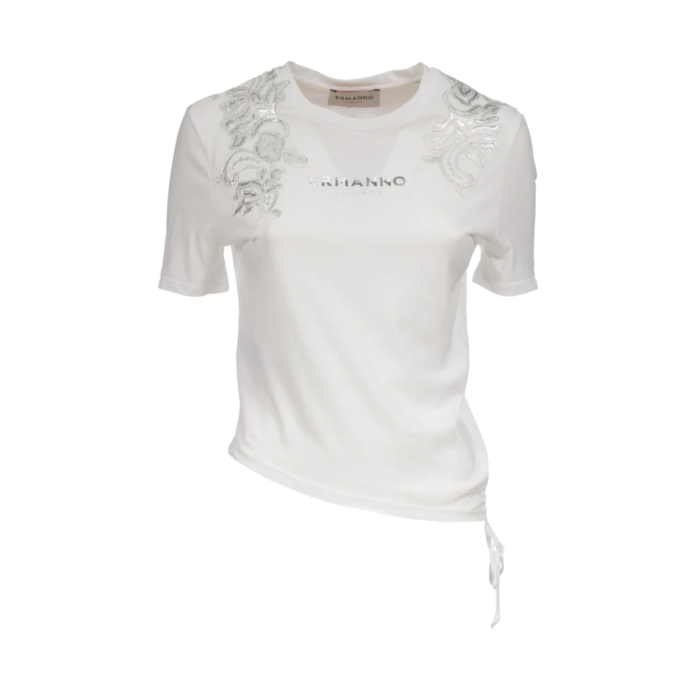 Ermanno Scervino Katoenen T-shirt met bloemenborduursel White Dames