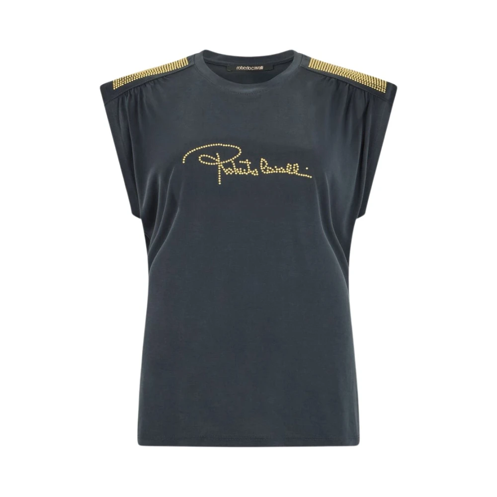Roberto Cavalli Black Anthracite T-Shirt With Studded Shoulders - Female - T-Shirts - Xl - Tops