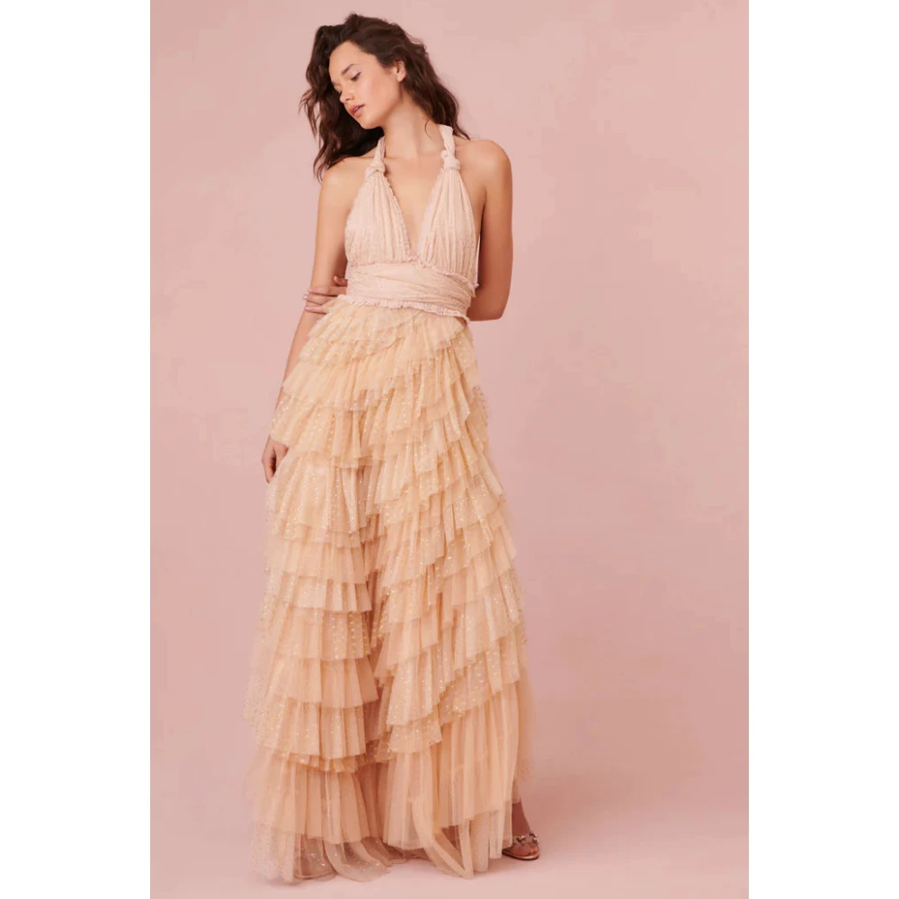 Loveshackfancy Glitter Tulle Halter Maxi Jurk Beige Dames