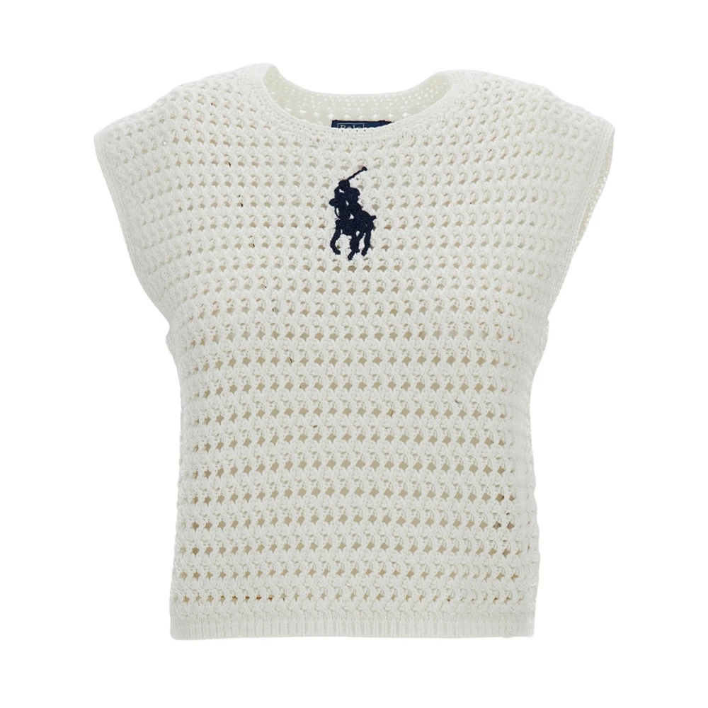 Polo Ralph Lauren Women's White Sleeveless Tops, M, Eyelet Knit Top