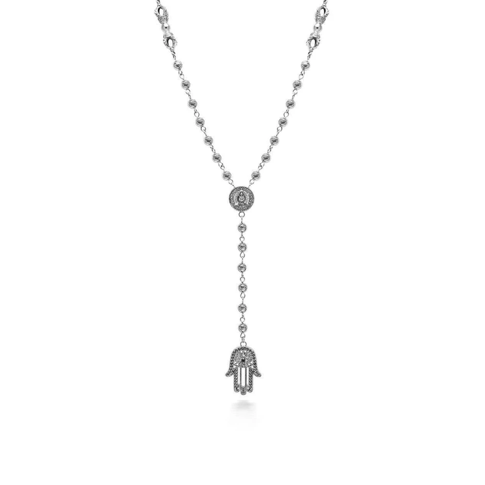 Men's Silver/Black Hamsa Hand Rosary Necklace