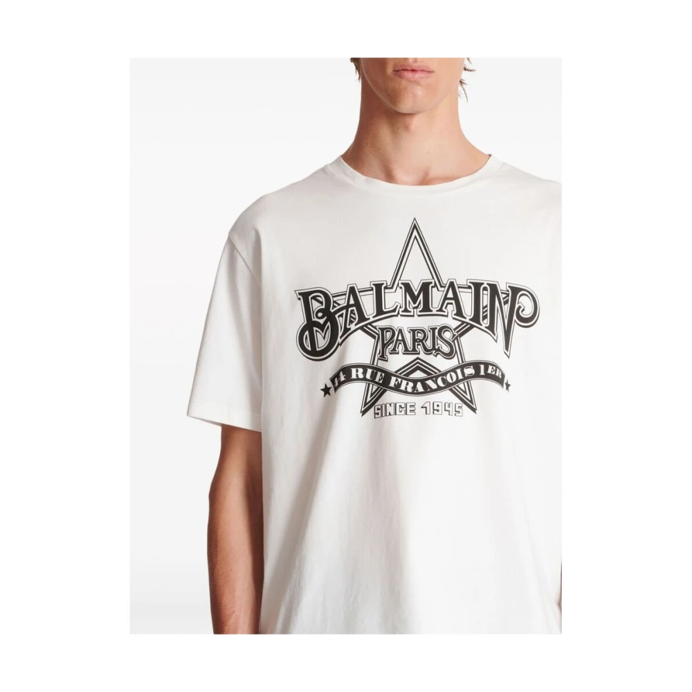Balmain Wit Katoenen Logo Print T-Shirt White Heren