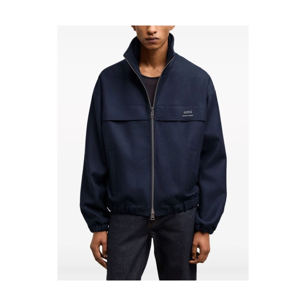 Ami Paris Navy Blauwe Wollen Jas met Logo Blue Heren