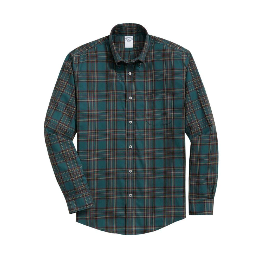 Brooks Brothers Men's Green Casual Shirts, L, Slim Fit Non-Iron Plaid Stretch Twill Shirt With Button Down Collar