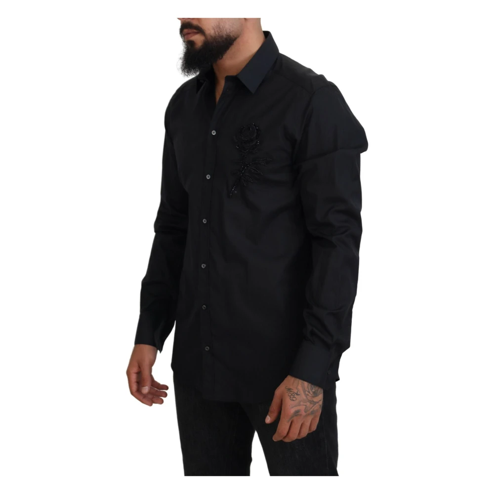 Dolce & Gabbana Zwarte rozen Slim Fit katoenen overhemd Black Heren