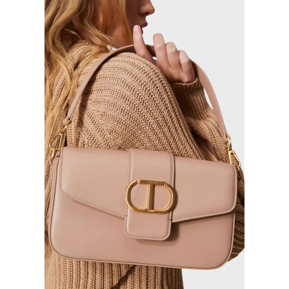 Twinset Elegante Leren Schoudertas met Metalen Logo Pink Dames