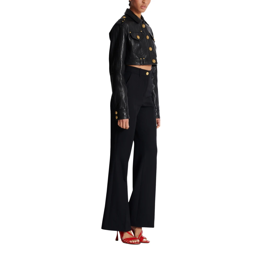 Balmain Topgestikte cropped leren jas Black Dames