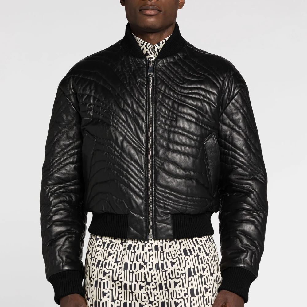 Roberto Cavalli Gewatteerd Leren Bomberjack Black Heren