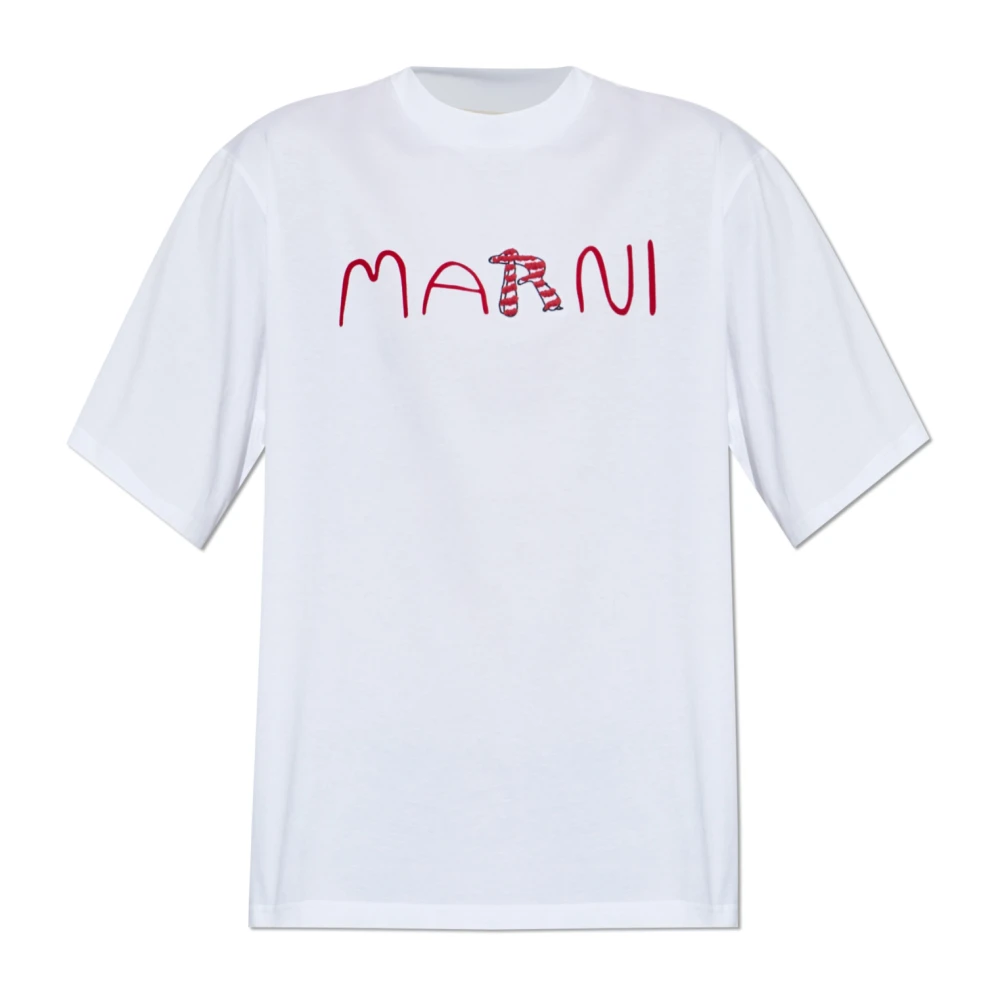 Marni Herr Vit Toppar M, Bomull, Bomulls-T-Shirt Med Flockad Animal Alphabet-Logga