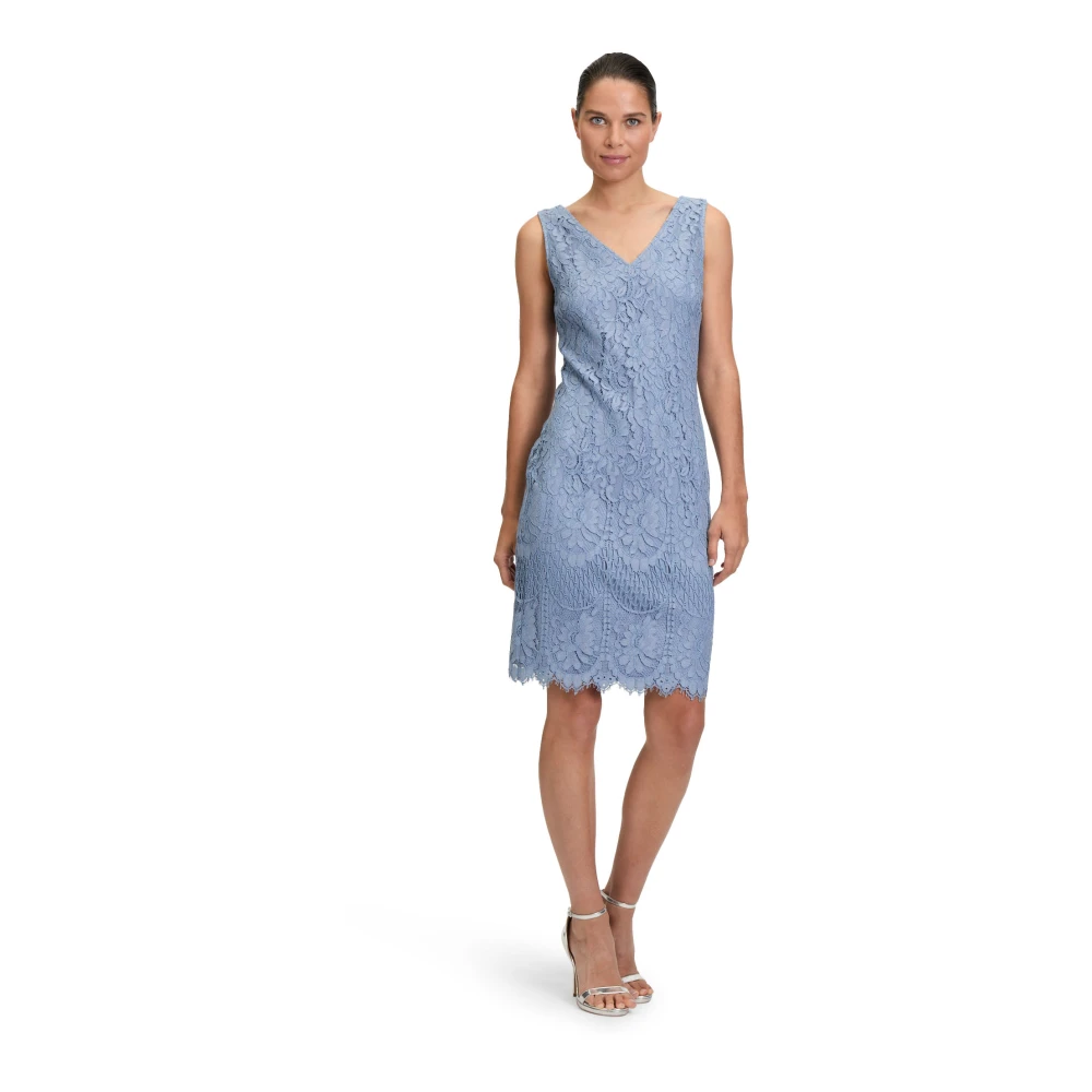 Vera Mont Kanten kokerjurk met strikrand Blue Dames