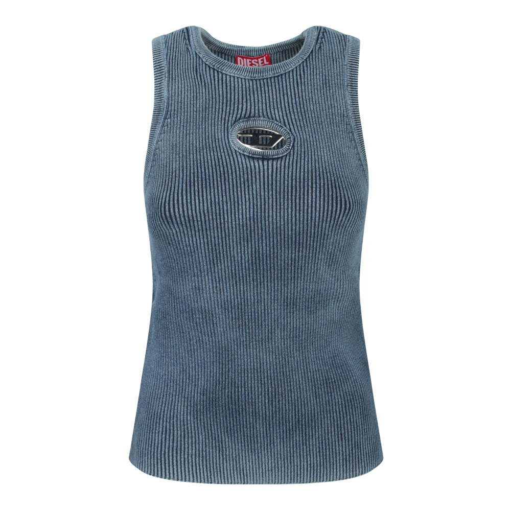 Diesel Women's Blue Sleeveless Tops,, Ribbed Knit Sleeveless Top Large