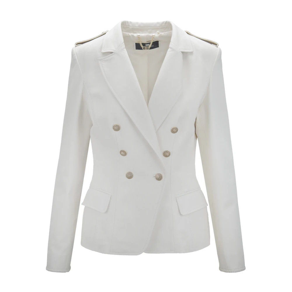 Elisabetta Franchi Double-breasted leren jas met gouden knopen White Dames