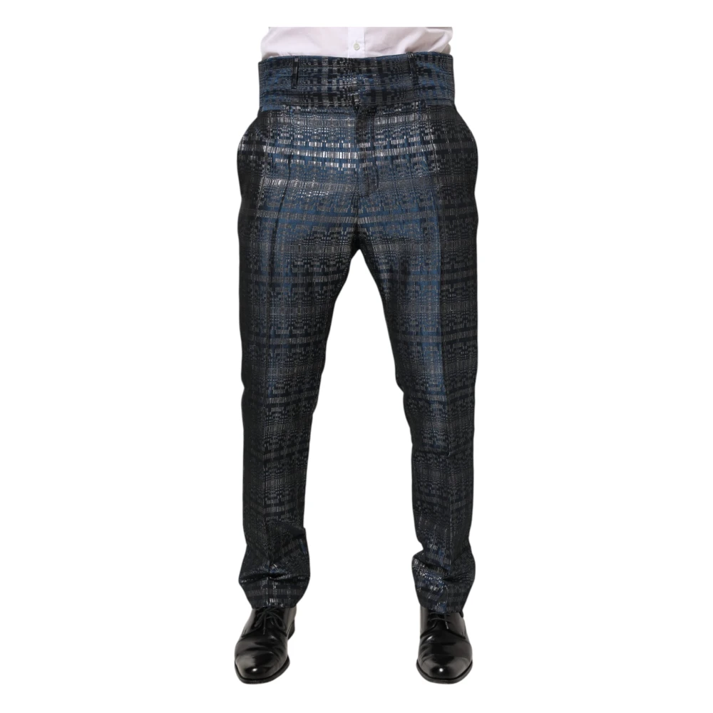 Dolce & Gabbana Men's Blue Silver Silk Skinny Trousers - Suit Trousers - M - Trousers