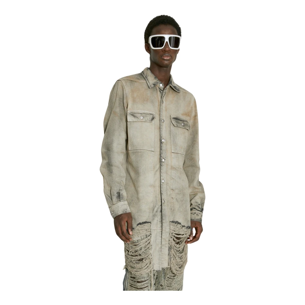 Rick Owens Distressed Denim Jack Logo Klassieke Kraag Gray Heren