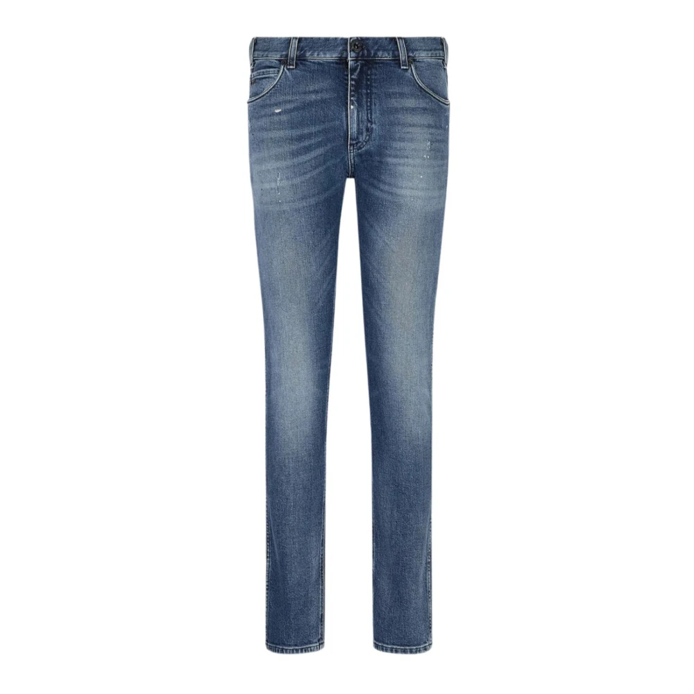 Emporio Armani Slim Fit Denim Jeans med Läder Logo Blue, Herr