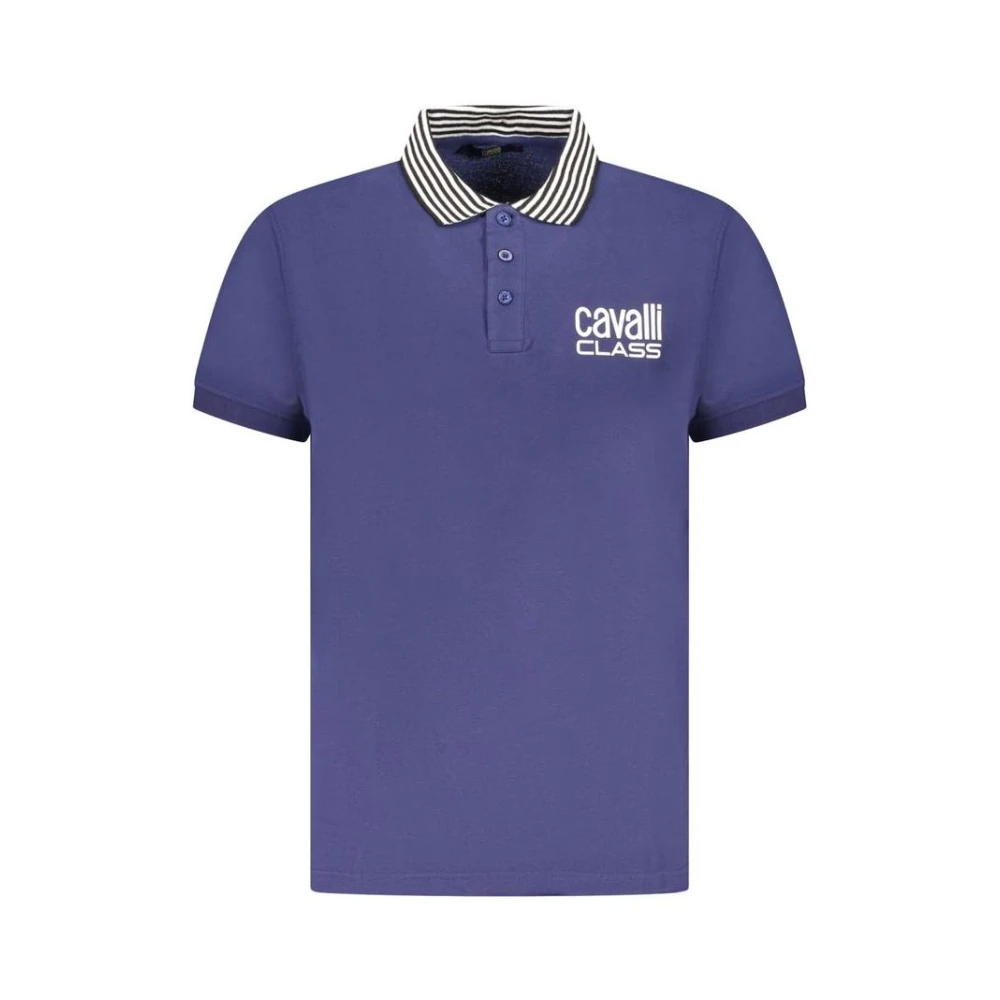 Cavalli Class Men's Blue Cotton Polo Shirt With Striped Collar