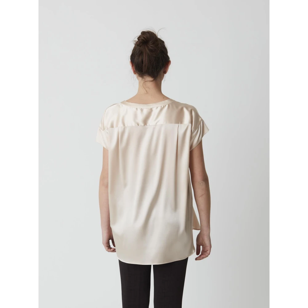 Caliban Open hals korte mouw overhemd Beige Dames