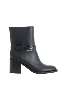 Svart Läder MidCalf Spänne Stövlar