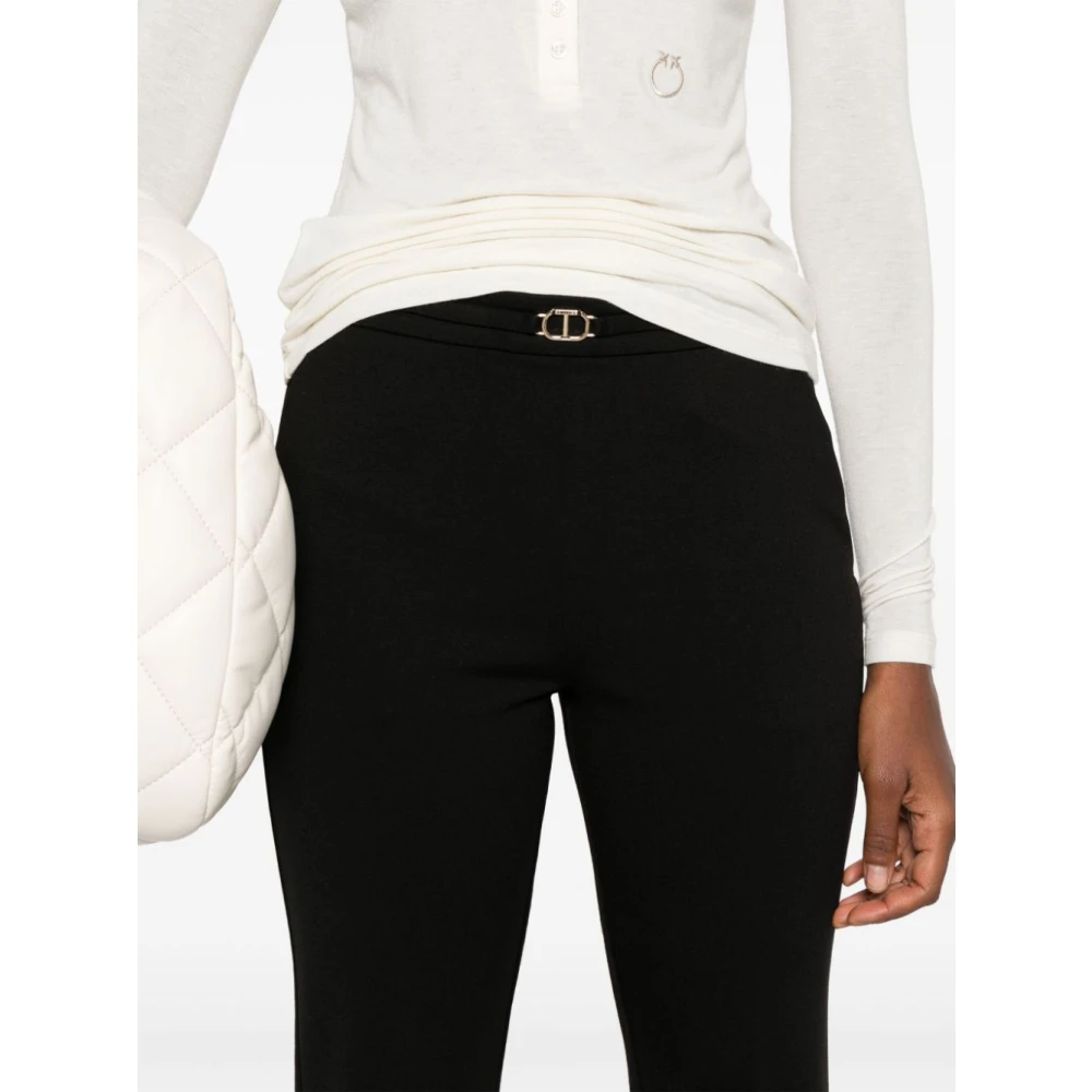 Twinset Zwarte elastische broek met gouden taillelogo Black Dames