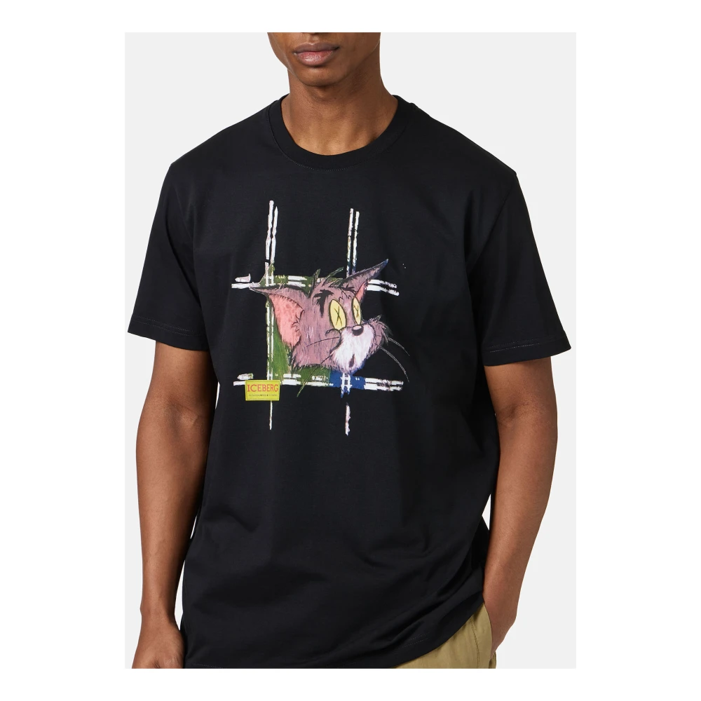Iceberg Klassiek regular fit zwart T-shirt van katoenen jersey met Tom-print op de voorkant Black Heren