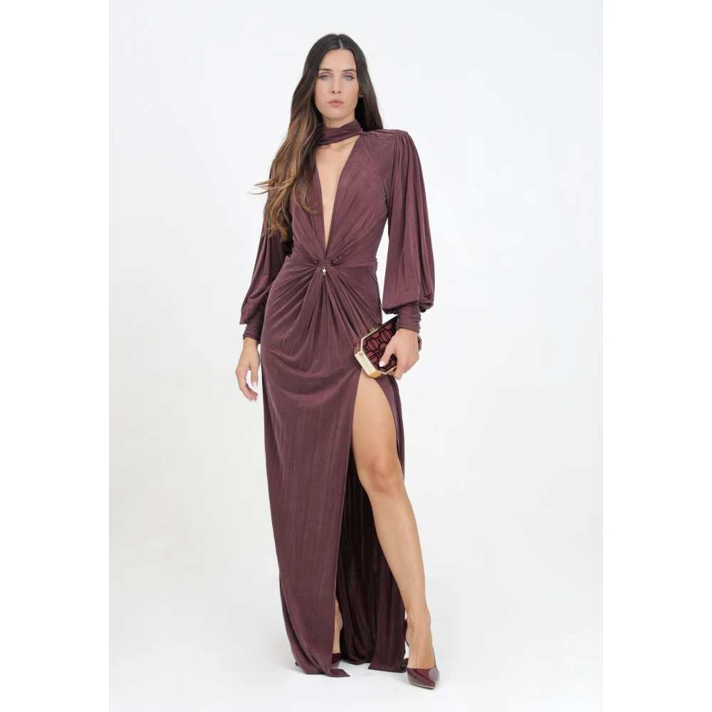 Elisabetta Franchi Bordeaux Lange Jurk met Hoge Hals Brown Dames