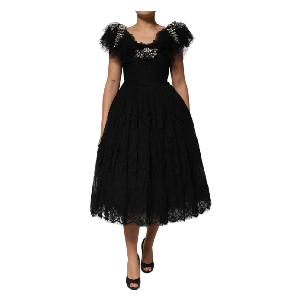 Dolce & Gabbana Women's Black Crystal Embellished Midi A-Line Dress