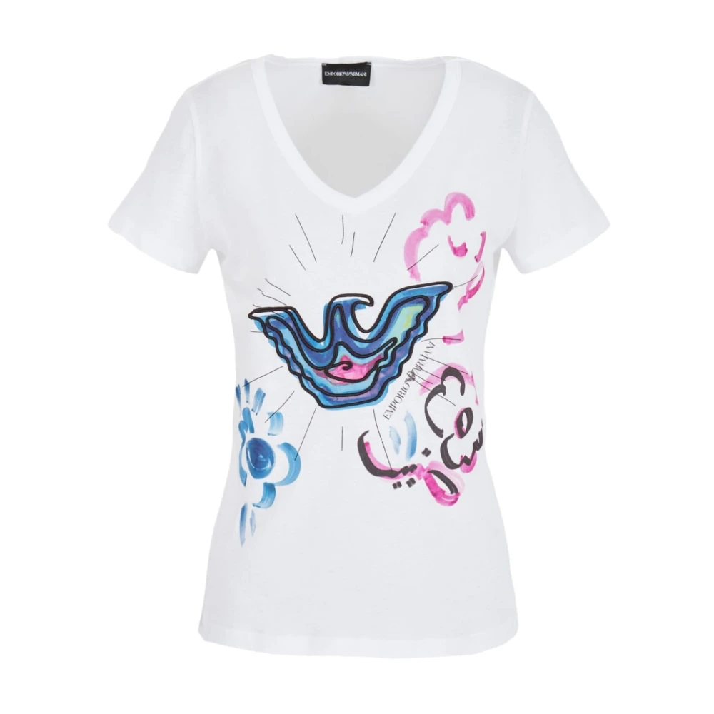 Emporio Armani Women's White T-Shirts, M, Graphic Print V-Neck T-Shirt