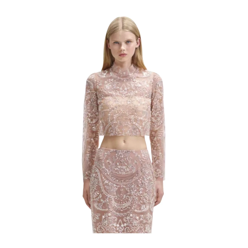 Self Portrait Zilveren Pailletten Paisley Mesh Top Purple Dames
