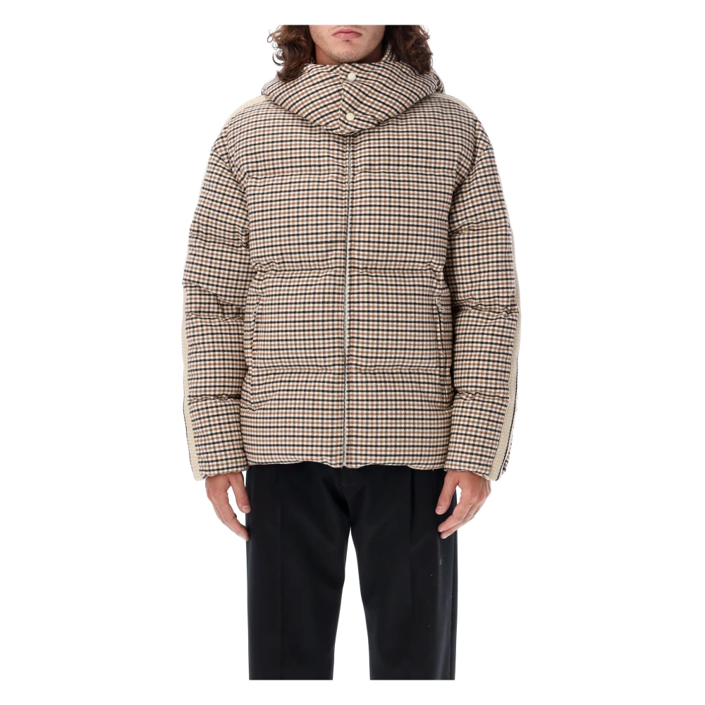 Palm Angels Micro Check Hooded Puffer Jas Brown Heren