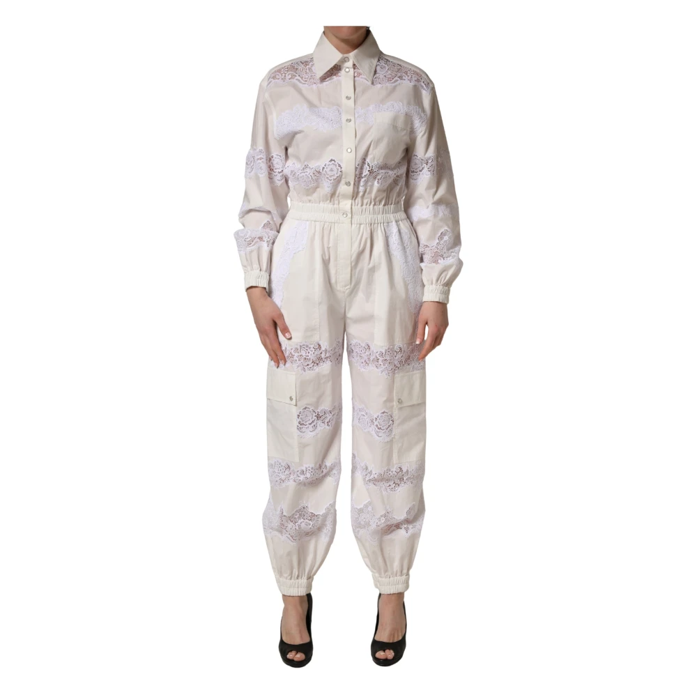 Dolce & Gabbana , Jumpsuits, Female, White, S, Cotton Lace-Trim Long-Sleeve Jumpsuit