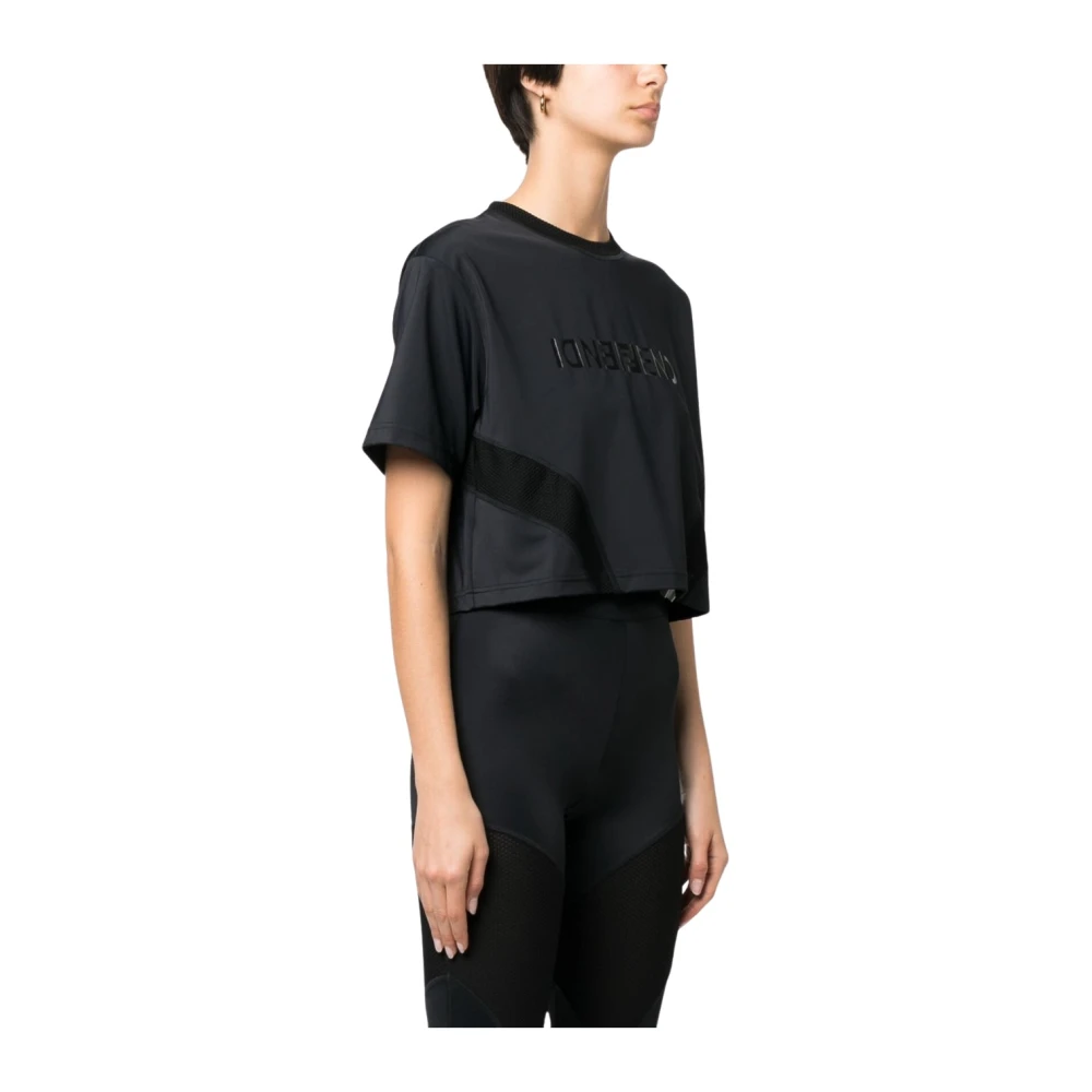 Fendi Zwarte Tech Fabric Cropped T-shirt met Mesh Inzetstukken Black Dames