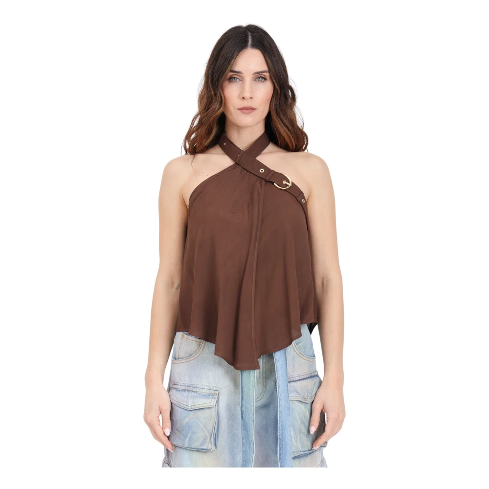 Pinko Women's Brown Sleeveless Tops, M, Buckle-Embellished Halterneck Top